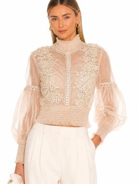 Sheer Nude Lace Embroidered Blouse Romantic Victorian Puff Sleeve Crop Top